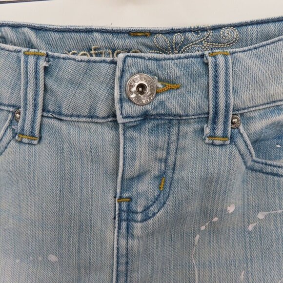 Refuge Juniors 1 Light Blue Distressed Paint Splatter Denim Jean Mini Skirt Y2K - Picture 2 of 11